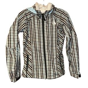 The North Face Apex‎ Softshell Hooded Jacket Womens Small Blue Plaid Fleece Line